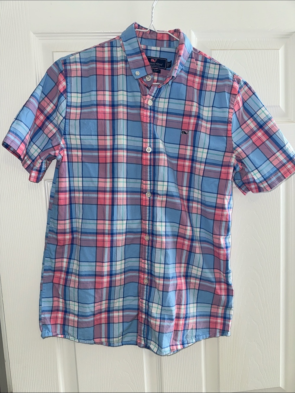 Vineyard Vines Blue and Pink Plaid Short-Sleeve Button-Down Shirt